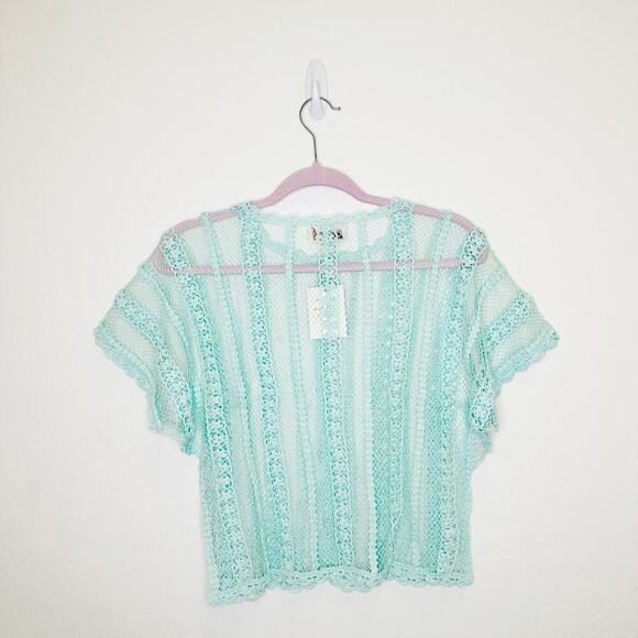 Lim's Vintage Hand Crocheted Button Down Short Sleeve Blue Turquoise Top Medium - Picture 2 of 4